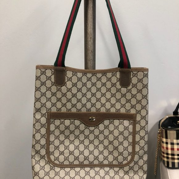 Vintage GUCCI Ophidia Web Strap GG Supreme Tote/Monogram Canvas Shopping Bag - Picture 2 of 16